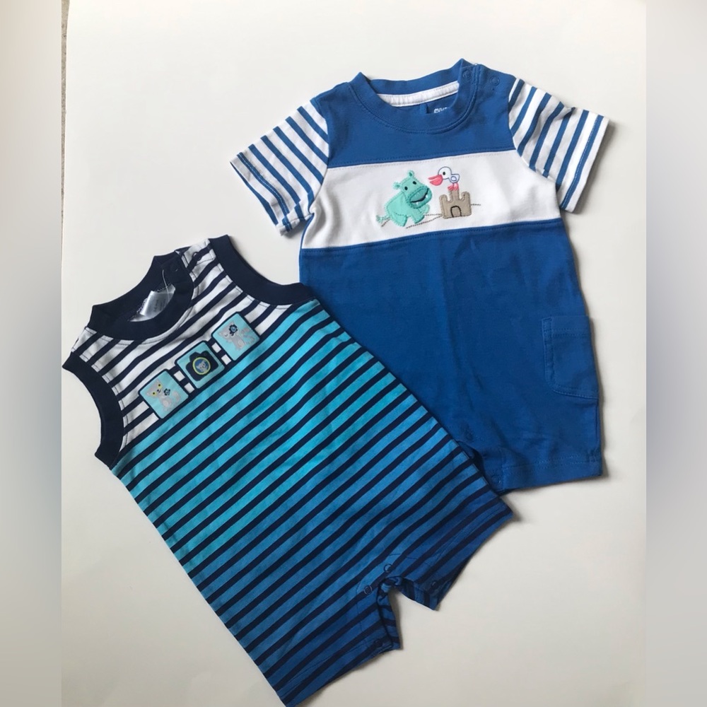 Set of two NWT Gymboree baby boy blue rompers, size 3-6 months.